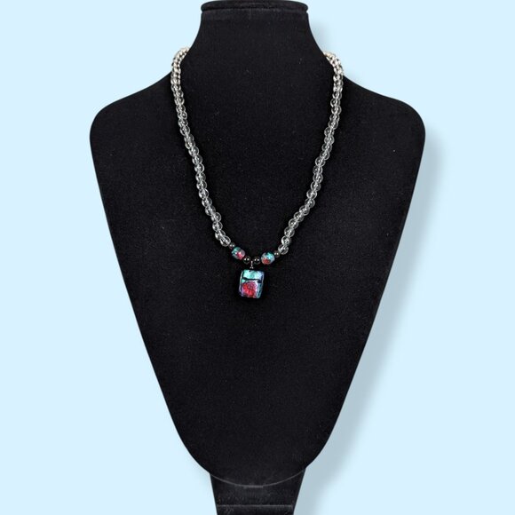 Beaded Art Glass Pendant Necklace - Picture 3 of 5